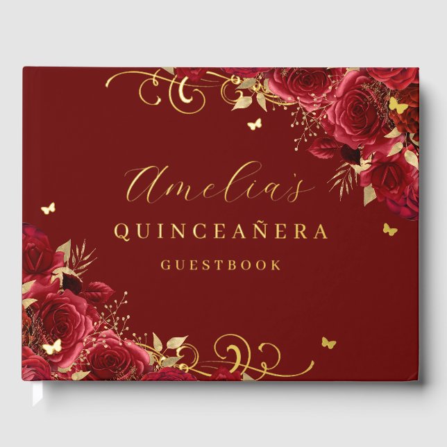 Red Rose Floral Gold Swirl Quinceanera  Guest Book (Front)