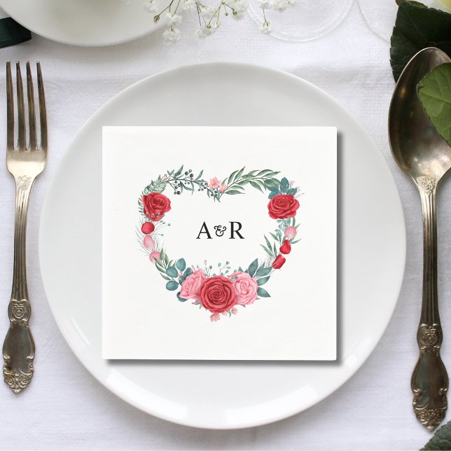 Red Rose Floral Greenery Heart Shaped Wedding Napkin (Creator Uploaded)