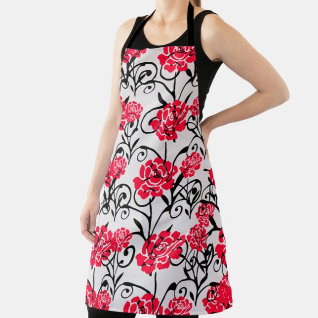 Red Rose Floral Illustration Pattern Design  Apron (Creator Uploaded)