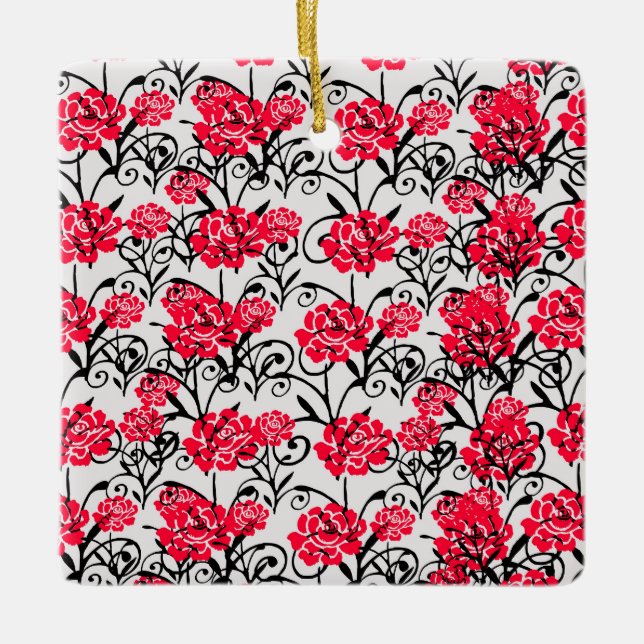 Red Rose Floral Illustration Pattern Design  Ceramic Ornament (Front)