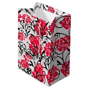 Red Rose Floral Illustration Pattern Design  Medium Gift Bag
