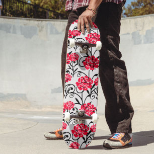 Red Rose Floral Illustration Pattern Design  Skateboard