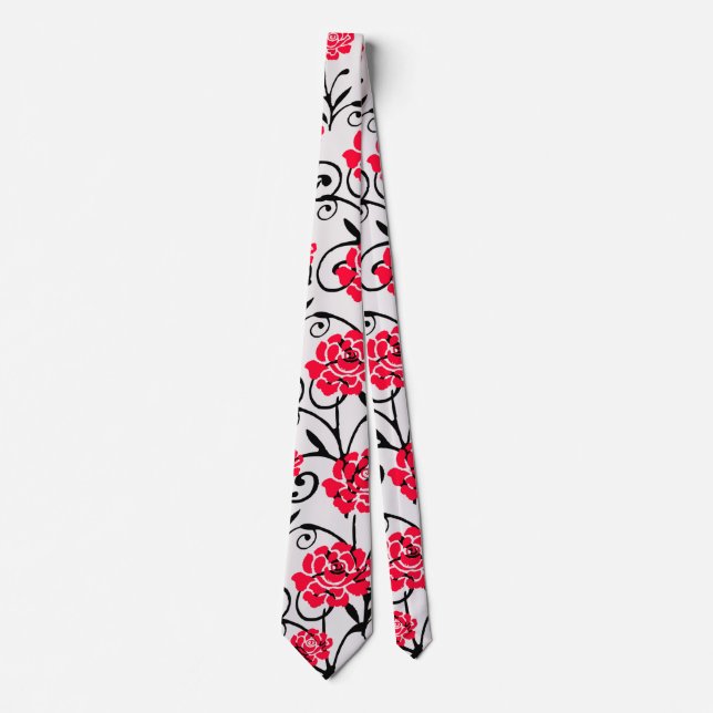 Red Rose Floral Illustration Pattern Design  Tie (Front)