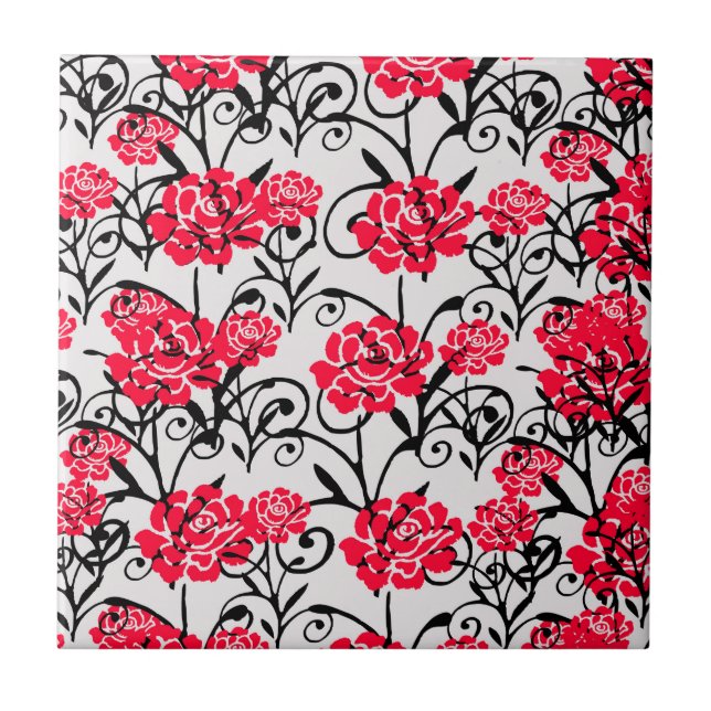 Red Rose Floral Illustration Pattern Design  Tile (Front)