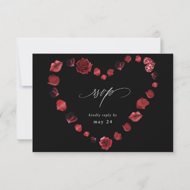 Red Rose Floral & Lips Heart w Meal RSVP - Black Card (Front)
