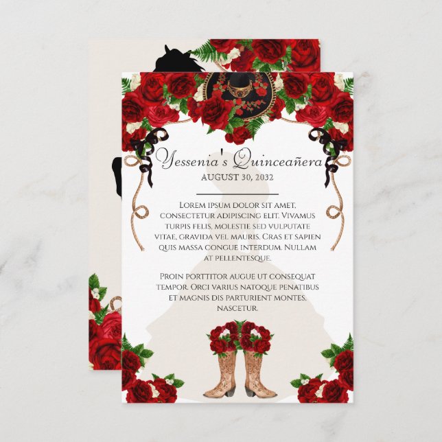 Red Rose Floral Mariachi Charro Quinceanera Info Enclosure Card (Front/Back)