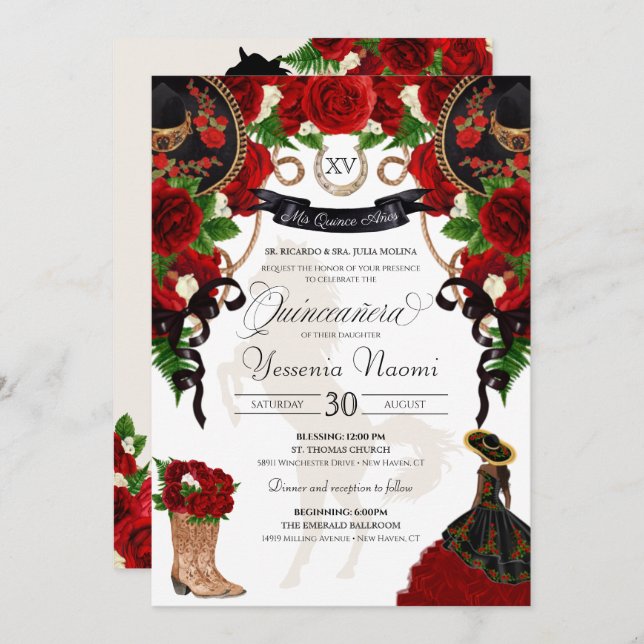 Red Rose Floral Mariachi Charro Quinceanera  Invitation (Front/Back)