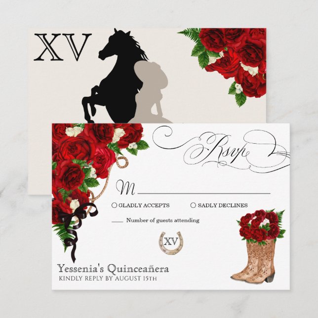 Red Rose Floral Mariachi Quinceanera RSVP Card (Front/Back)