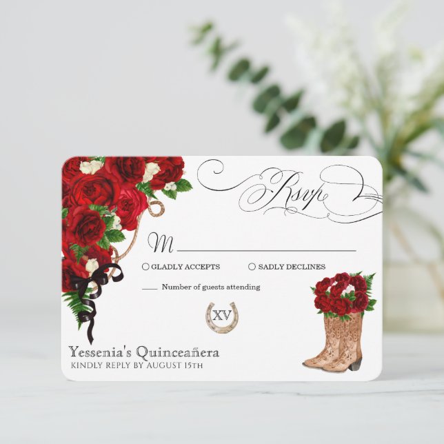 Red Rose Floral Mariachi Quinceanera RSVP Card (Standing Front)