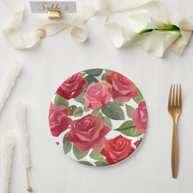 Red Rose Floral Party Paper Plate (Wedding)