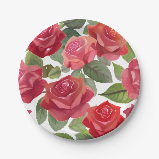 Red Rose Floral Party Paper Plate (Front)