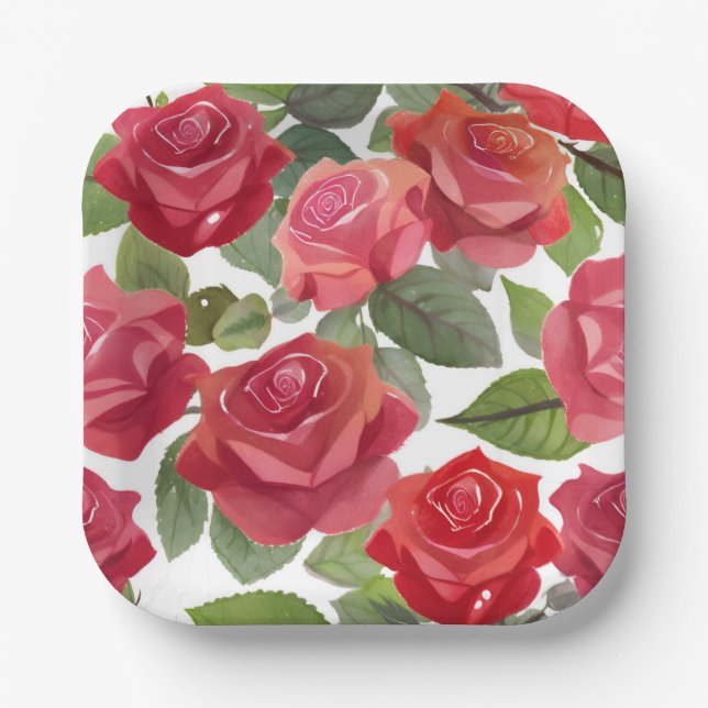 Red Rose Floral Party Paper Plate (Front)