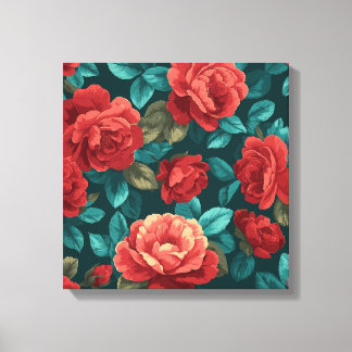 Red Rose Floral Pattern - Elegant Botanical Art Canvas Print