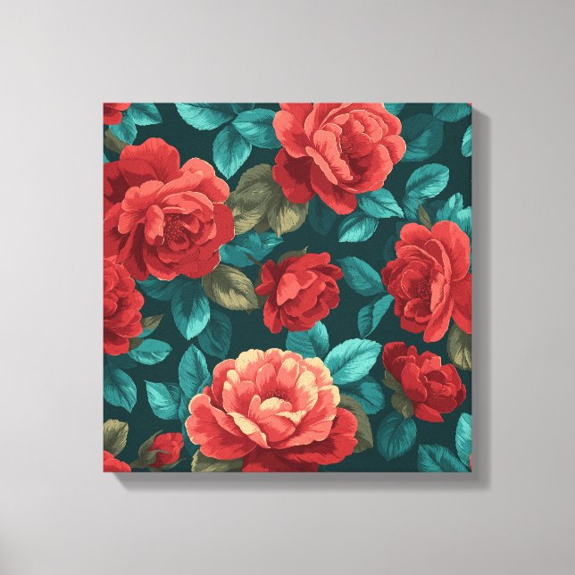 Red Rose Floral Pattern - Elegant Botanical Art Canvas Print (Front)