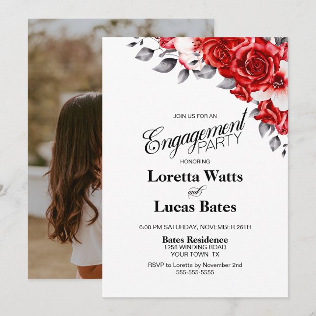 Red Rose Floral Photo Engagement Party Invitation (Front/Back)