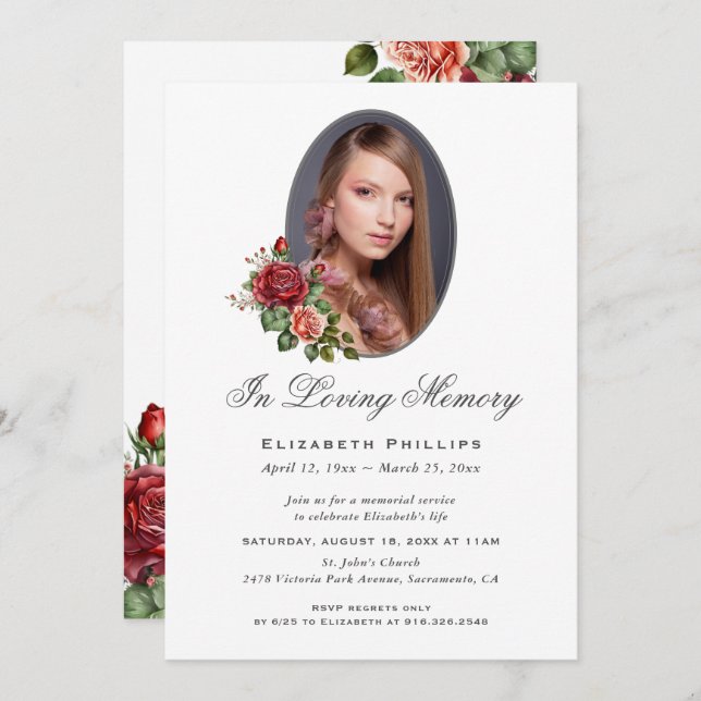 Red Rose Floral Photo In Loving Memory Invitation (Front/Back)