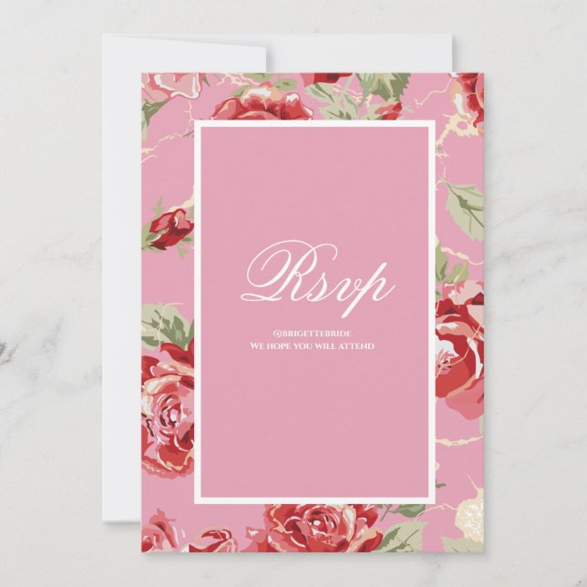 Red rose floral print save the date RSVP card (Front)