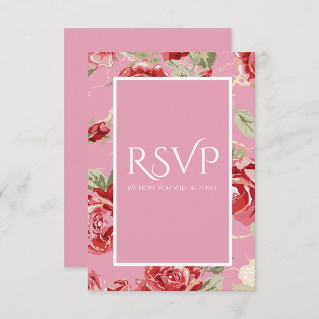 Red rose floral print save the date RSVP card (Front/Back)