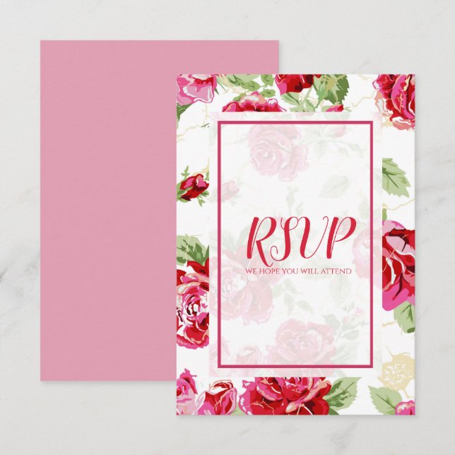 Red rose floral print save the date RSVP card (Front/Back)