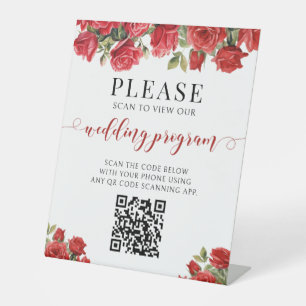 Red Rose Floral QR Code Wedding Program Pedestal Sign