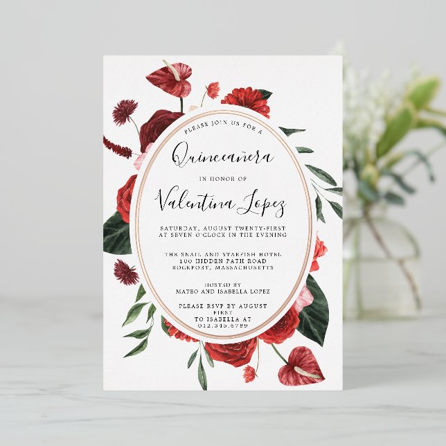 Red Rose Floral Quinceanera Elegant Gold (Standing Front)