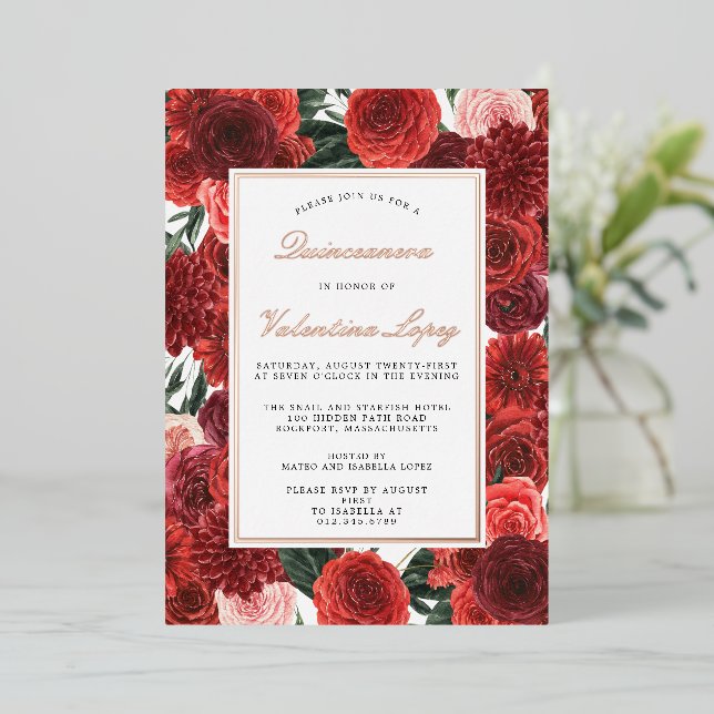 Red Rose Floral Quinceanera Elegant Gold Foil Invi (Standing Front)