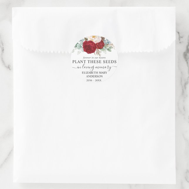 Red Rose Floral Seed Packet Memorial Funeral Classic Round Sticker (Bag)