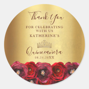 Red Rose Floral Shiny Gold Crown Quinceañera Classic Round Sticker