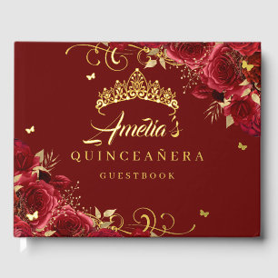 Red Rose Floral Swirl Quinceanera Gold   Guest Book