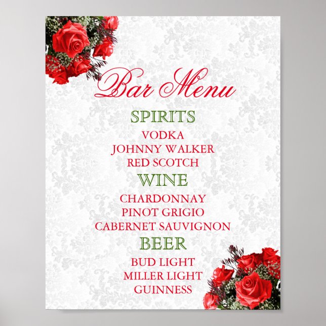 Red Rose Floral Wedding - Bar Menu Poster (Front)