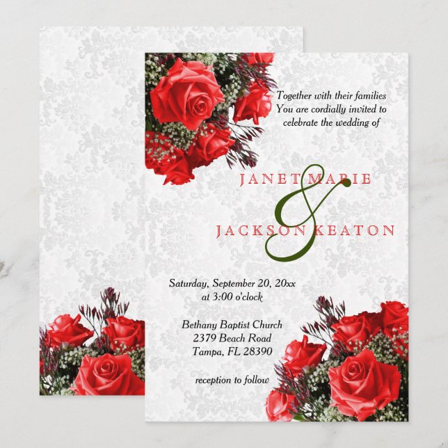 Red Rose Floral Wedding Invitation (Front/Back)