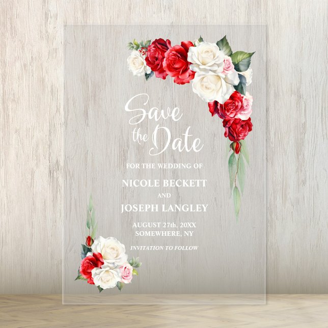 Red Rose Floral Wedding Save the Date Acrylic Invitations (Creator Uploaded)