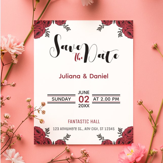 Red Rose Floral Wedding Theme Save The Date (lovely floral theme save the date card)