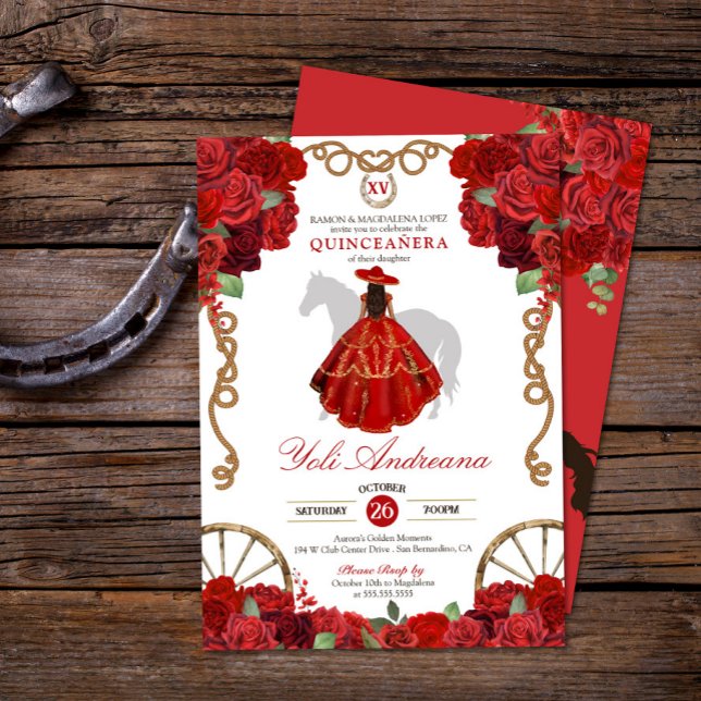 Red Rose Floral Western Charro Quinceañera Invitation (Creator Uploaded)