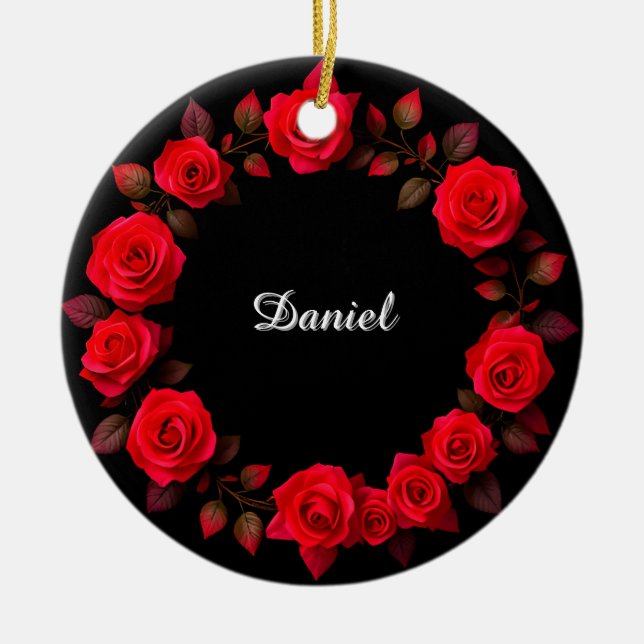 Red Rose Floral Wreath on Black Background Ceramic Tree Decoration (Front)