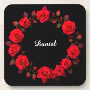 Red Rose Floral Wreath on Black Background Coaster