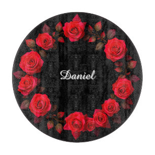 Red Rose Floral Wreath on Black Background Cutting Board