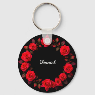 Red Rose Floral Wreath on Black Background Key Ring