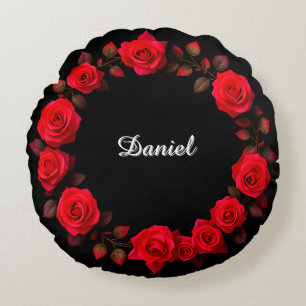 Red Rose Floral Wreath on Black Background Round Cushion