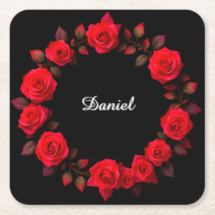Red Rose Floral Wreath on Black Background Square Paper Coaster