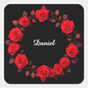 Red Rose Floral Wreath on Black Background Square Sticker