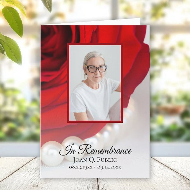 Red Rose Flower and Pearls Funeral Service Folded Programme (Creator Uploaded)