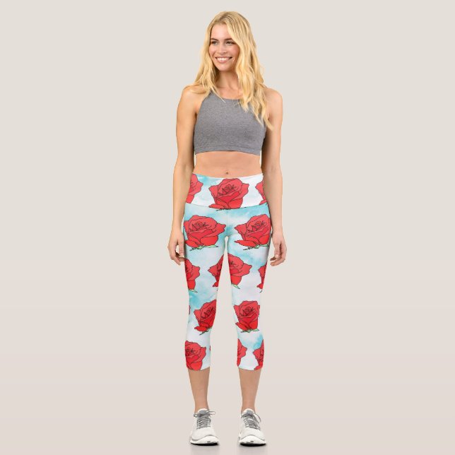 Red Rose Flower Art Capri Leggings (Front)