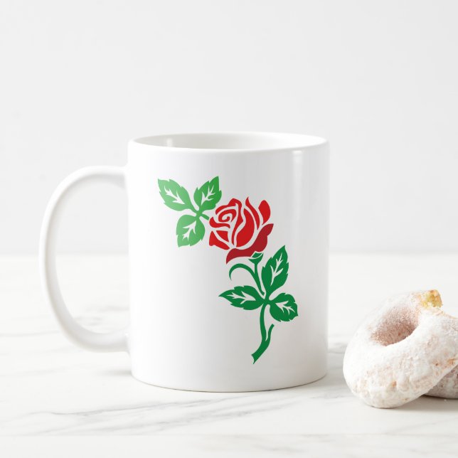 Red Rose Flower Design – Classic Floral Beauty Coffee Mug (With Donut)