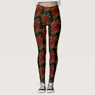 Red Rose Flower Floral Black Leggings