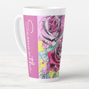 Red Rose Flower Floral Watercolor Womans Name Latte Mug