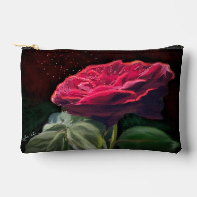 Red Rose Flower Green Black Art Floral Flowers  Accessory Pouch (Front)