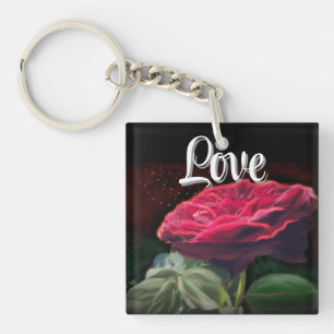 Red Rose Flower Green Black Art Floral Flowers Key Ring