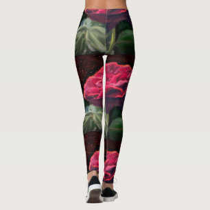 Red Rose Flower Green Black Art Floral Flowers Leggings