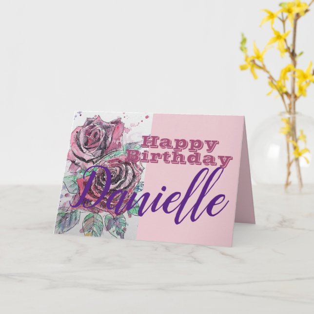 Red Rose Flower Happy Birthday Womans Name Card (Yellow Flower)